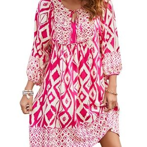 Qearal Hot Pink Floral Dress Women Summer Beach Vacation Loose Fit Bohemian